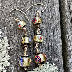 Jewellery: 3 tier Venetian foil millefiore earrings