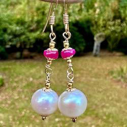 Freshwater pearl &ruby earrings