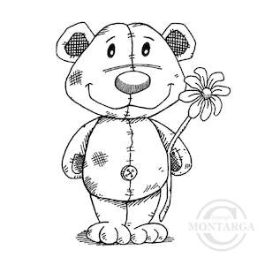 0757 F - Teddy With Flower Rubber Stamp