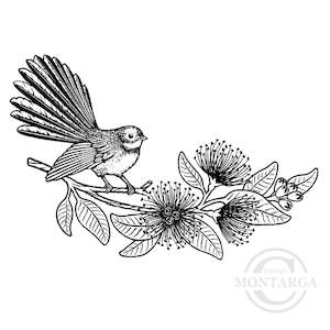 1400 GG Fantail Pīwakawaka on Pōhutukawa Branch Rubber Stamp