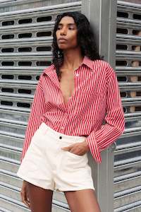 Clothing: ROWIE RAMONA STRIPE LONG SLEEVE SHIRT CHERRY RED