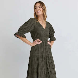 Dreamy Bubble Short Sleeve Button Front Tiered Maxi Dress - Khaki