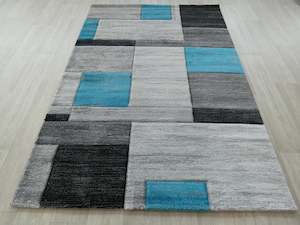 Modern Aroha Block Design Turkish Rug in Turquoise/ Black/ Grey