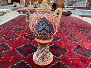 Handwoven Rug Covered Unglazed Terracotta Teapot With Incised , Decorative Teapot from Iran