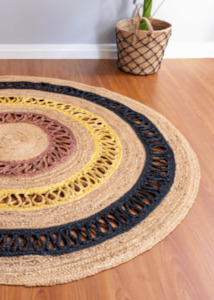 Yellow & Black Handmade Jute Round Rug