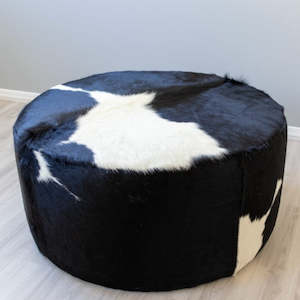 Round Cowhide Ottoman - Black & White