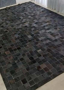 Solid Black Block Cowhide Patchwork Rug