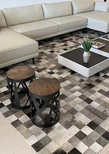 Grey And White Block Cowhide Patchwork Rug