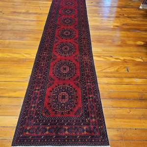 3.3 to 9 metre length or more: Hand knotted wool rug 38888 size 388 x 88 cm Afghanistan