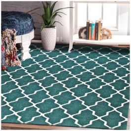 Moroccan Tuscan Trellis Flat Weave Handmade Teal Wool Kilim Rug