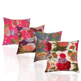 Rugsville Ethnic Kantha Floral Assorted Cushion Cover 40x40 cm (4 pc Set)