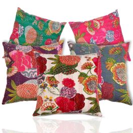 Rugsville Ethnic Kantha Floral Assorted Cushion Cover 40x40 cm (5 pc Set)