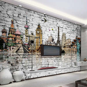 Wallpaper Murals Wall Art: Custom 3D Mural Wallpaper Roll Classic European Architecture Eiffel Tower, Big Ben, Statue of Liberty Brick Wall Paper Murals 3D