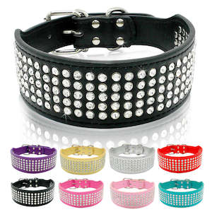 Collars Harnesss Leads: Rhinestone Leather Diamante Crystal Studded Dogs Pet Collars 2inch Wide