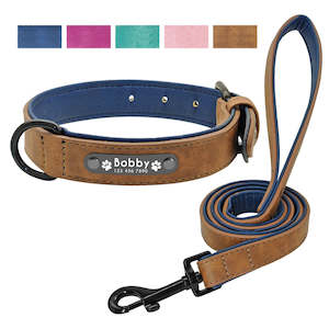 Collars Harnesss Leads: Leather Dog Collar Leash Set Personalized Customized Dogs Collars 2 Layer Leather Dog Leash