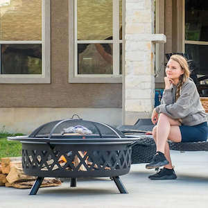 Garden Accessories: Patio Fire Pit Wood Burning with Mesh Spark Screen, Bonfire Outdoor firepit with Fireplace Poker, Outdoor Heaters Fireplace