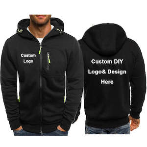 Men's hooded zipper jacket with pockets, custom logo image text, casual spo…