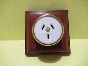 Reproduction Brass Power Socket with Timber Mount 90Sq x 50D