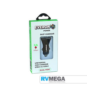 230v Plugs Leads Accessories: Everon Universal Car Charger Dual Port USB-A & USB-C