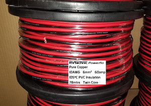 Electronic equipment manufacturing: 10AWG 78mtr roll, Twin Core, 60 Amp, 6mmsq, Pure Copper, Red+Black RVtechnic RV&Marine