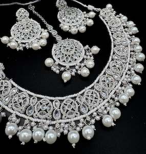 Jewellery: Original Polki stone with pearls beaded heavy work classy necklace with earrings and tikka set