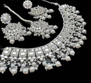 Silver color Beautiful mirror with pearls beaded choker necklace with earrings and tikka set