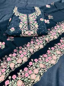 Heavy embroidery with stone work on Pure crepe silk based kameez fabric (2.5 Mtr…