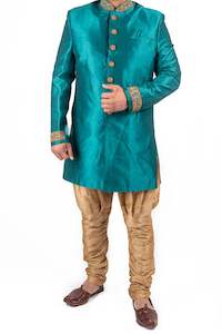 Teal Green Indo Western with handwork on neck