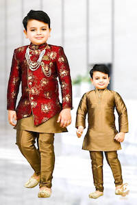 Maroon Colour Brocade Silk Based Kids Indo Western (With Mala And Broach )With P…