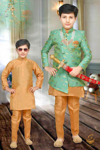 Kids Kurta Pajama: Teal Colour Brocade Silk Based embroidery Kids Indo Western (With Mala And Broach )With Pents