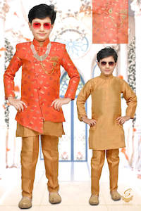 Kids Kurta Pajama: Orange Colour Brocade Silk Based Embroidery Kids Indo Western (With Mala And Broach ) With Pents