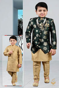 Kids Kurta Pajama: Deep Kai Green Colour Brocade Silk Based embroidery Kids Indo Western (With Mala And Broach )With Pents