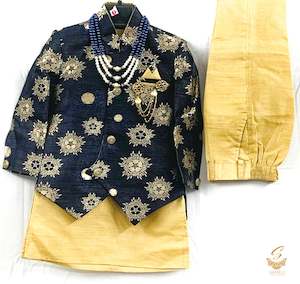 Kids Kurta Pajama: Nevi Blue Colour Brocade Silk Based embroidery Kids Indo Western (With Mala And Broach )With Pents