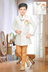 Kids Kurta Pajama: White Colour Brocade Silk Based embroidery Kids Indo Western (With Mala And Broach )With Pents