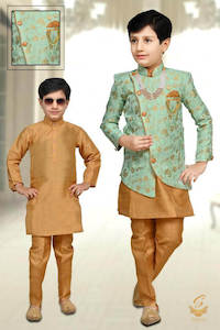 Kids Kurta Pajama: Pastel mint Colour Brocade Silk Based Kids Indo Western (With Mala And Broach )With Pents And Kurta ( 2 Styles)