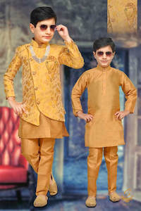 Lite golden yellow colour brocade silk based kids Indo Western (with Mala and Br…