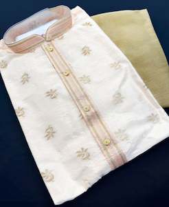 Pastel Peach color cotton silk Based embroidery Work at neck Kurta & golden Pajama