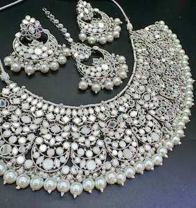 Silver Mirrors With Pearls Beaded Necklace Set With Beautiful Earrings & Tikka