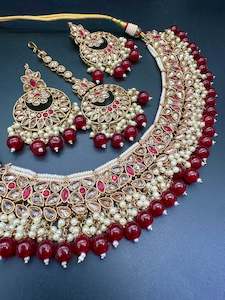 Original golden Polki Stone With maroon Pearls Beaded Necklace Set With Beautifu…