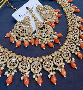 Jerkan stone with pearls beaded work beautiful necklace with earrings and tikka set