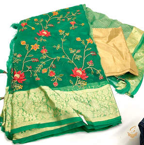 Green colour very soft organza based beautiful resham work embroidered saree