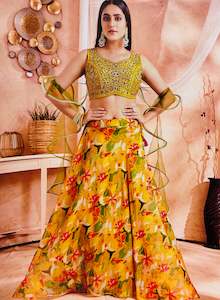 Crop Top: Chinnon based Designer embroidery works crop top blouse with soft organza floral print lehnga with netting dupatta