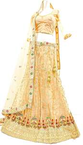 Casual Lehnga: (SIZE 42 (Upto 46))Golden Beige Colour Netting Based Beautiful Multicoloured Embroidery Work With Sequined Stones Work Very Heavy Ken Ken Heavy Designer Lehnga With Heavy Tessels Attached To Blouse & Lehnga With Heavy Work Contrast Dupatta