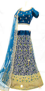 Casual Lehnga: Size 42(upto 46) Peacock Blue & Deep Olive green colour shimmer thread embroidery work design heavy work lehnga with stitched blouse & netting dupatta with heavy lace border