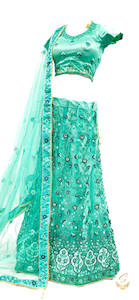 Casual Lehnga: Size 40(upto 42) Seafoam Green colour shimmer thread embroidery work design heavy work lehnga with stitched blouse & netting dupatta with heavy lace border