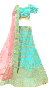 Casual Lehnga: Size 40(upto 44) seafoam green colour golden shimmer thread embroidery work design lehnga with stitched blouse & peachy pink netting dupatta with heavy lace border