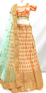 Casual Lehnga: Size 40(upto 44) Pastel Peach colour golden shimmer thread embroidery work design lehnga with stitched blouse & seafoam netting dupatta with heavy lace border