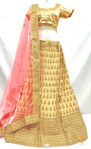 Casual Lehnga: Size 40(upto 44) Tan Beige colour golden shimmer thread embroidery work design lehnga with stitched blouse & peachy pink netting dupatta with heavy lace border