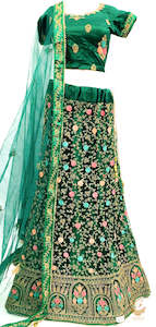 Casual Lehnga: Deep Forest Green colour netting based beautiful embroidered heavy work flared designer lehnga & Blouse with heavy tessels & Heavy work with bead lace broder dupatta (SIZE 44(UPTO 46))