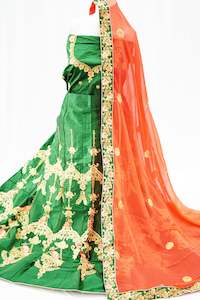 Dark green silk lehnga with georgette peachy pink dupatta UNSTITCHED